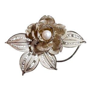 Vintage Silver Filigree Flower Brooch Faux Pearl Statement Pin Floral Jewelry